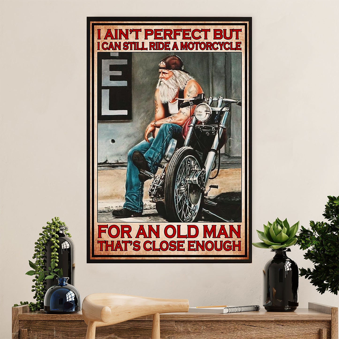 Metal Motorcycle Poster Wall Art Prints | Old Man Rider | Home Decor Gift for Biker