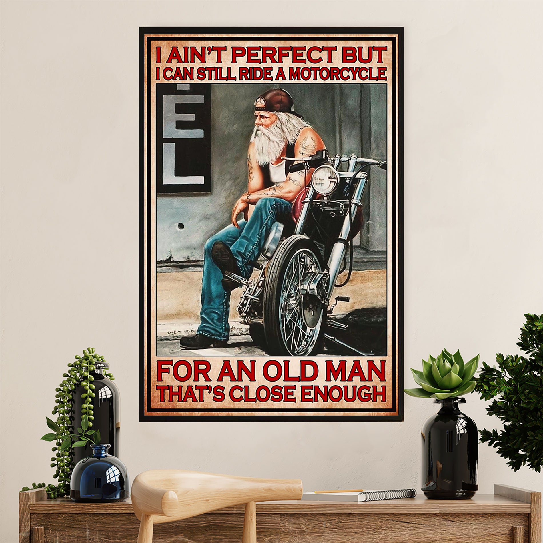 Metal Motorcycle Poster Wall Art Prints | Old Man Rider | Home Decor Gift for Biker