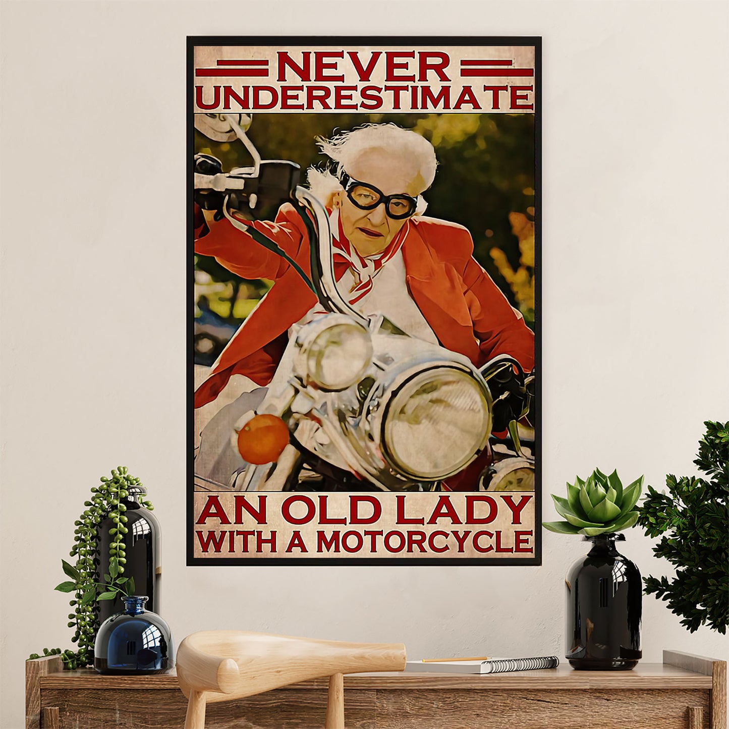 Metal Motorcycle Poster Wall Art Prints | Old Lady Rider | Home Decor Gift for Biker