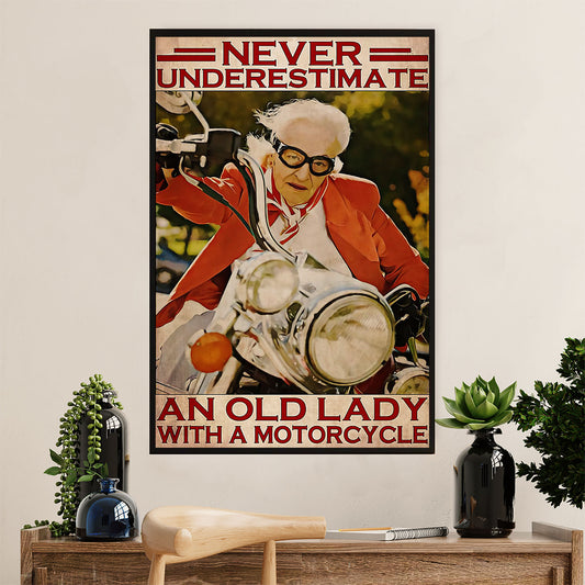 Metal Motorcycle Poster Wall Art Prints | Old Lady Rider | Home Decor Gift for Biker