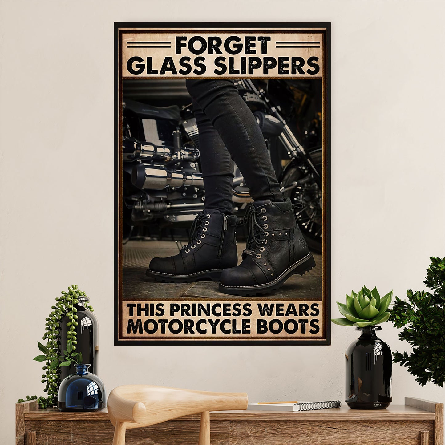 Metal Motorcycle Poster Wall Art Prints | Princess Wears Motorcycle Boots | Home Decor Gift for Biker