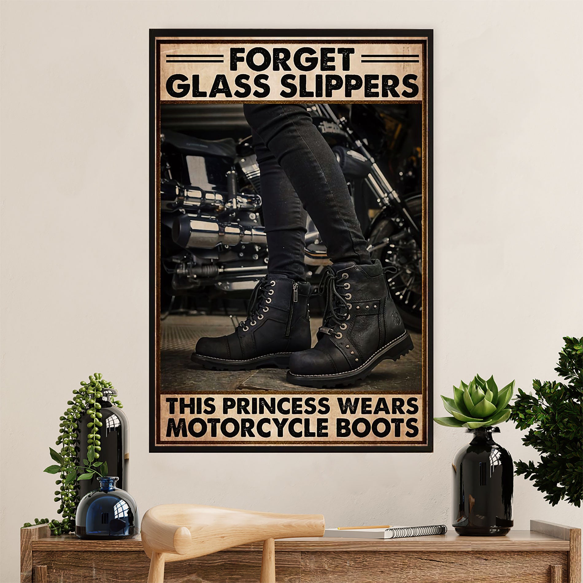 Metal Motorcycle Poster Wall Art Prints | Princess Wears Motorcycle Boots | Home Decor Gift for Biker