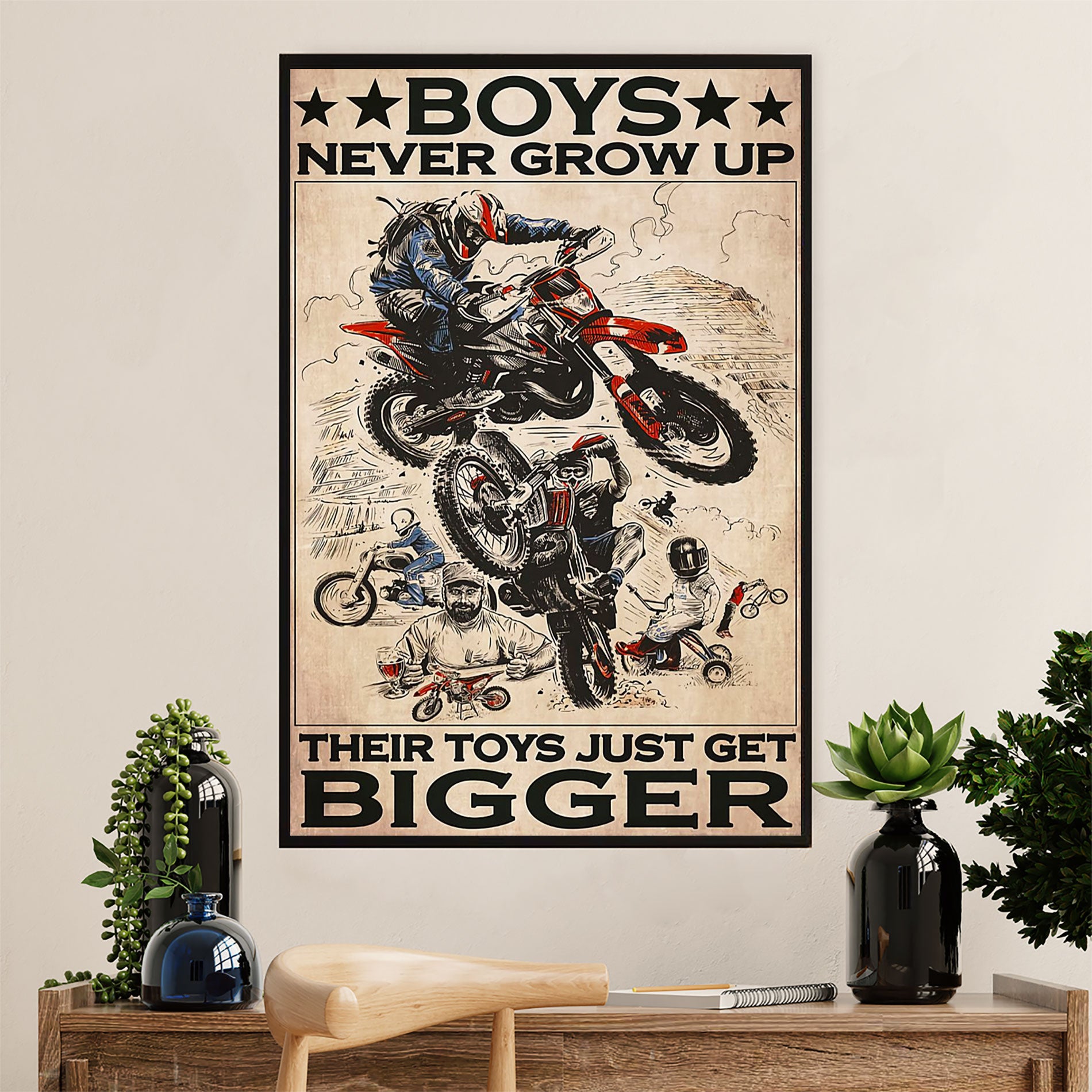 Metal Motorcycle Poster Wall Art Prints | Boys Never Grow Up | Home Decor Gift for Biker