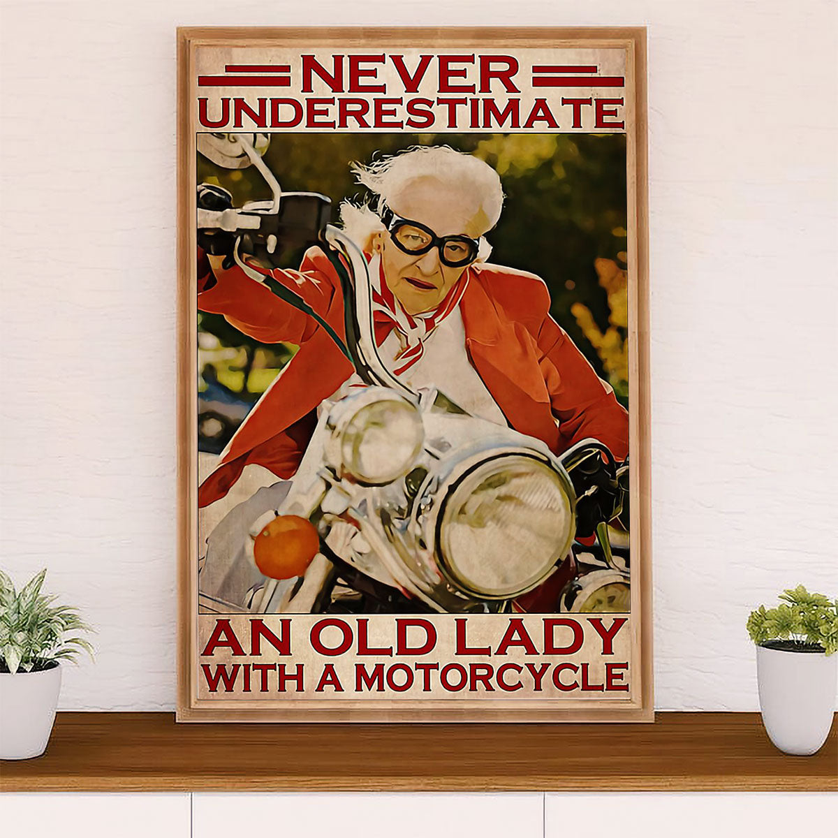Metal Motorcycle Poster Wall Art Prints | Old Lady Rider | Home Decor Gift for Biker