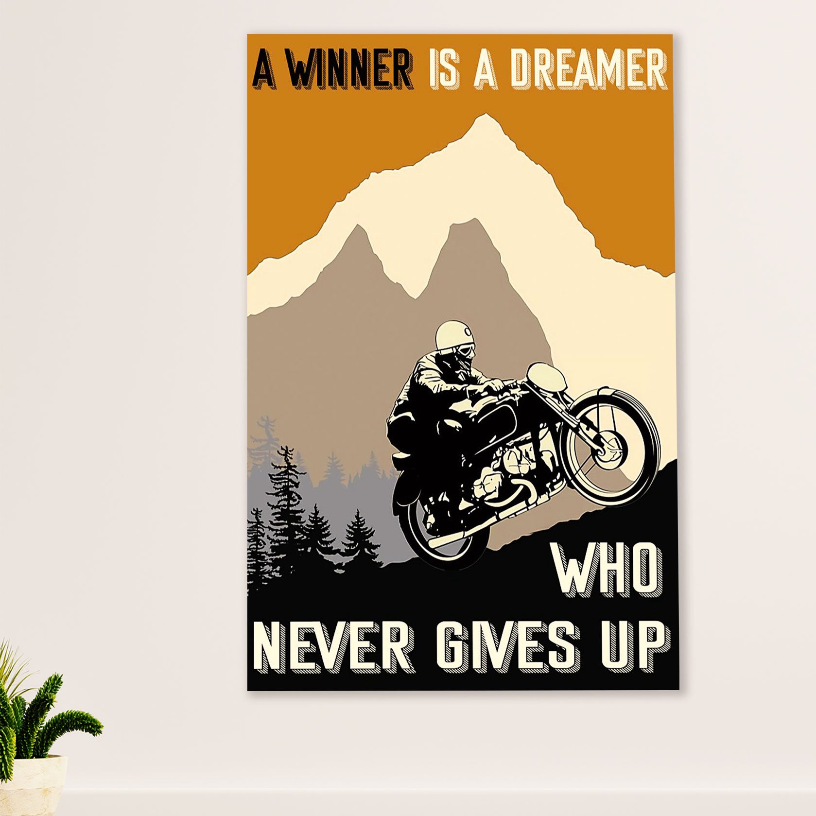 Metal Motorcycle Poster Wall Art Prints | Winner Never Gives Up | Home Decor Gift for Biker