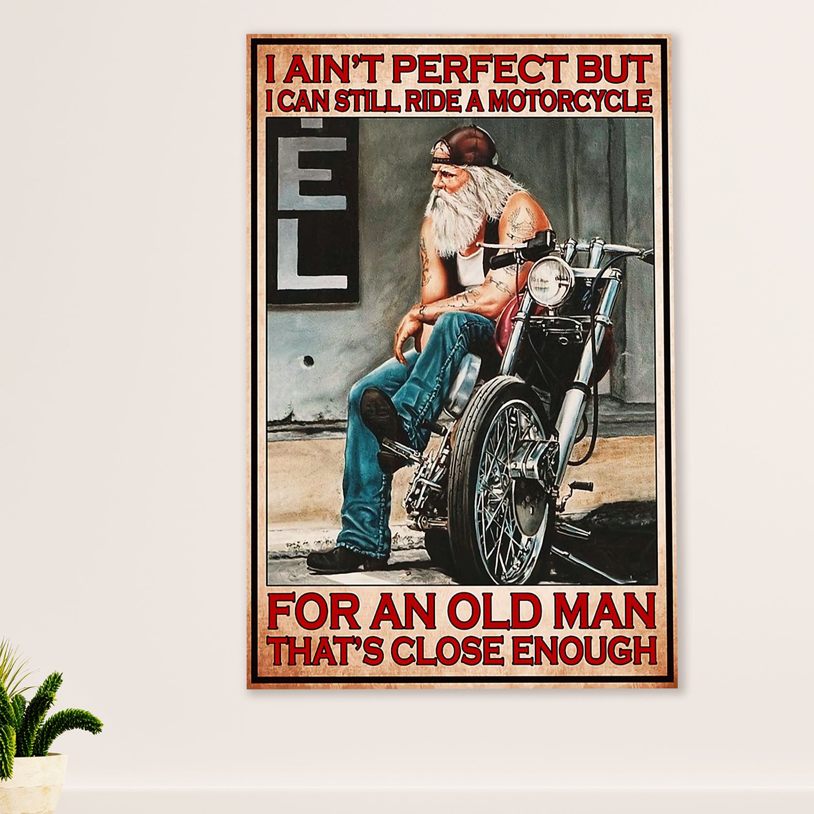 Metal Motorcycle Poster Wall Art Prints | Old Man Rider | Home Decor Gift for Biker