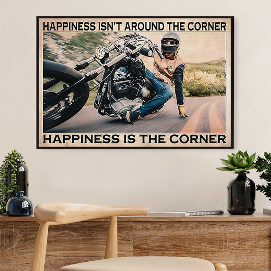 Metal Motorcycle Poster Wall Art Prints | Happiness Is The Corner | Home Decor Gift for Biker