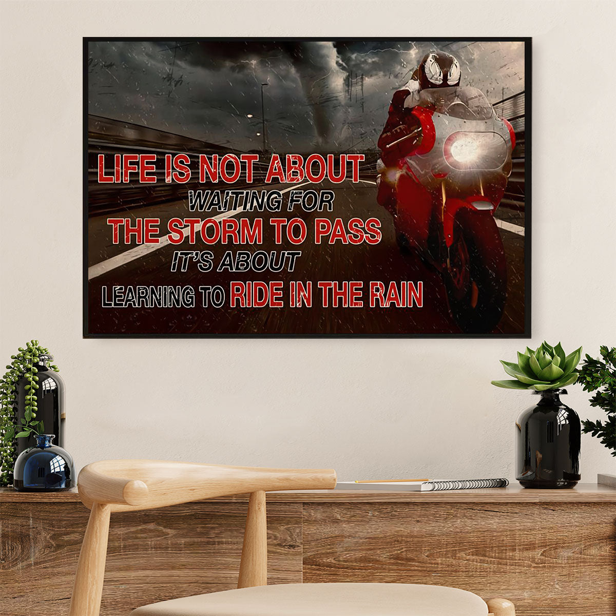 Metal Motorcycle Poster Wall Art Prints | Ride In The Rain | Home Decor Gift for Biker