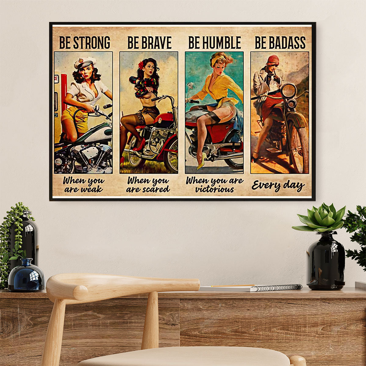 Metal Motorcycle Poster Wall Art Prints | Strong Brave Woman Rider | Home Decor Gift for Biker