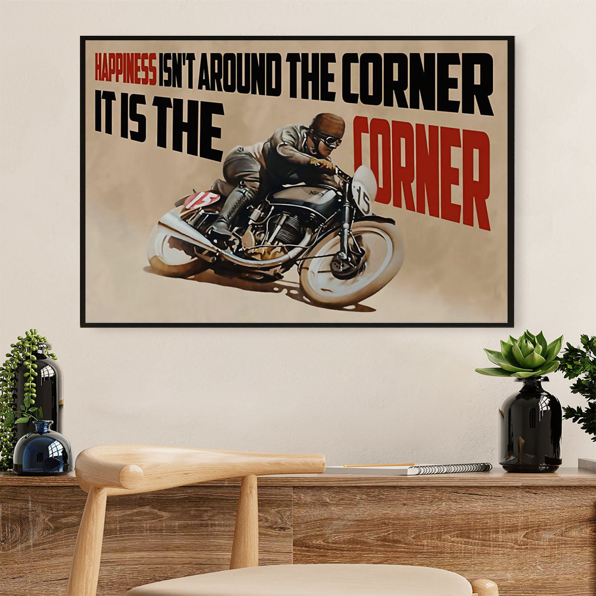 Metal Motorcycle Poster Wall Art Prints | Happiness is The Corner | Home Decor Gift for Biker