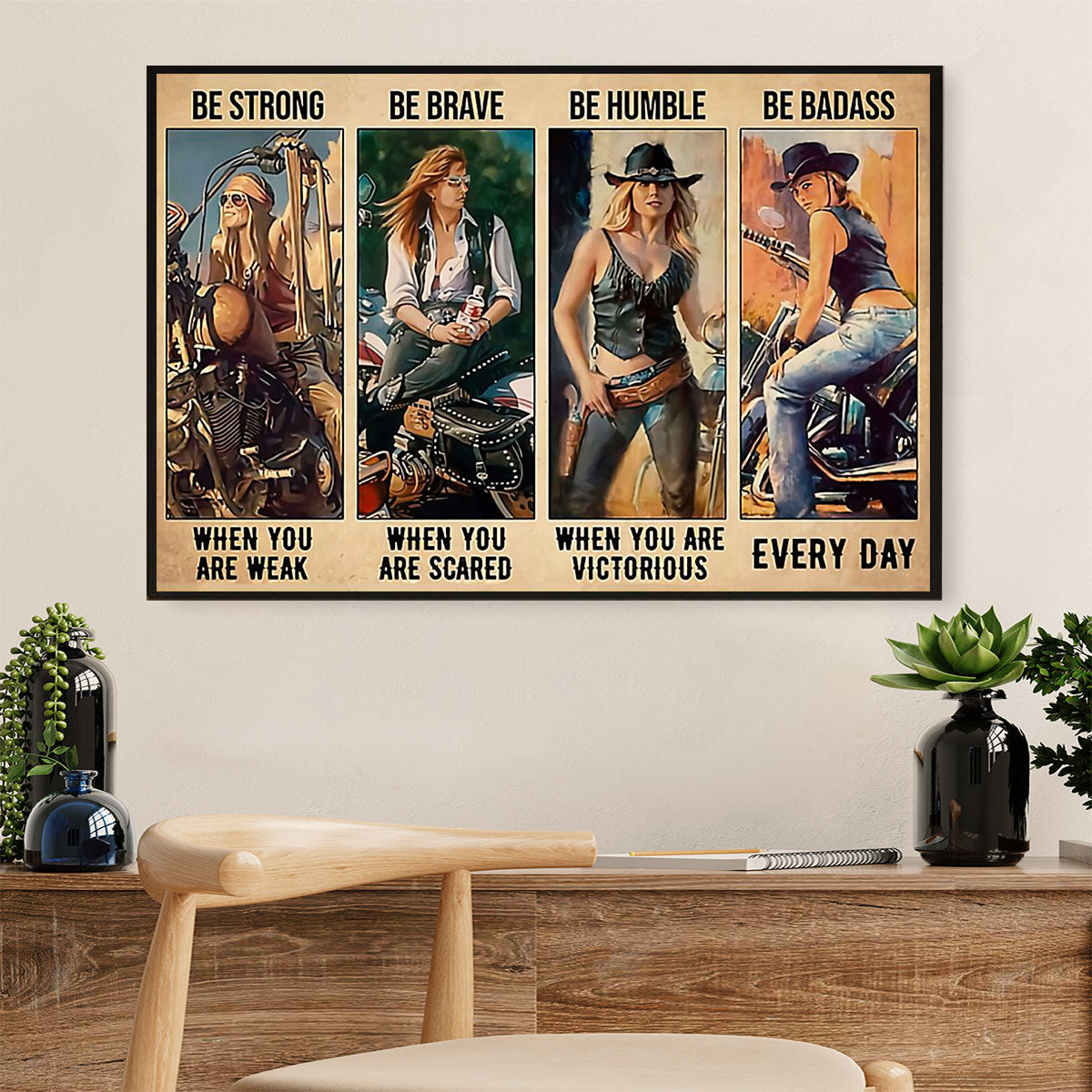 Metal Motorcycle Poster Wall Art Prints | Strong Brave Girl Rider | Home Decor Gift for Biker