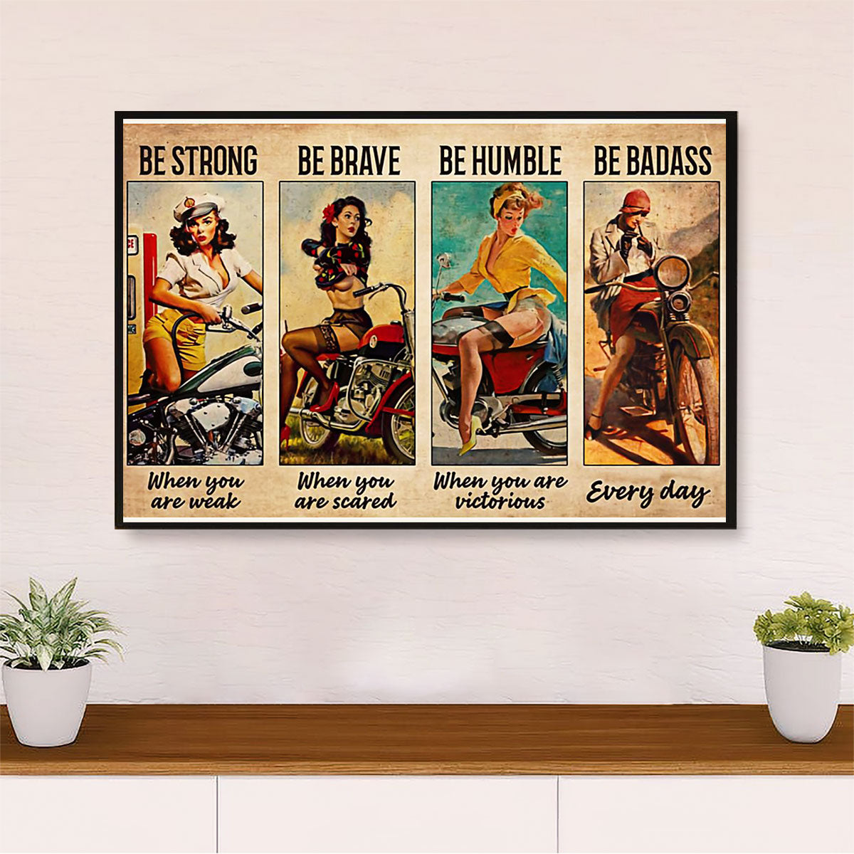 Metal Motorcycle Poster Wall Art Prints | Strong Brave Woman Rider | Home Decor Gift for Biker