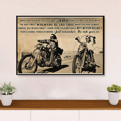 Metal Motorcycle Poster Wall Art Prints | Ride Goes On | Home Decor Gift for Biker