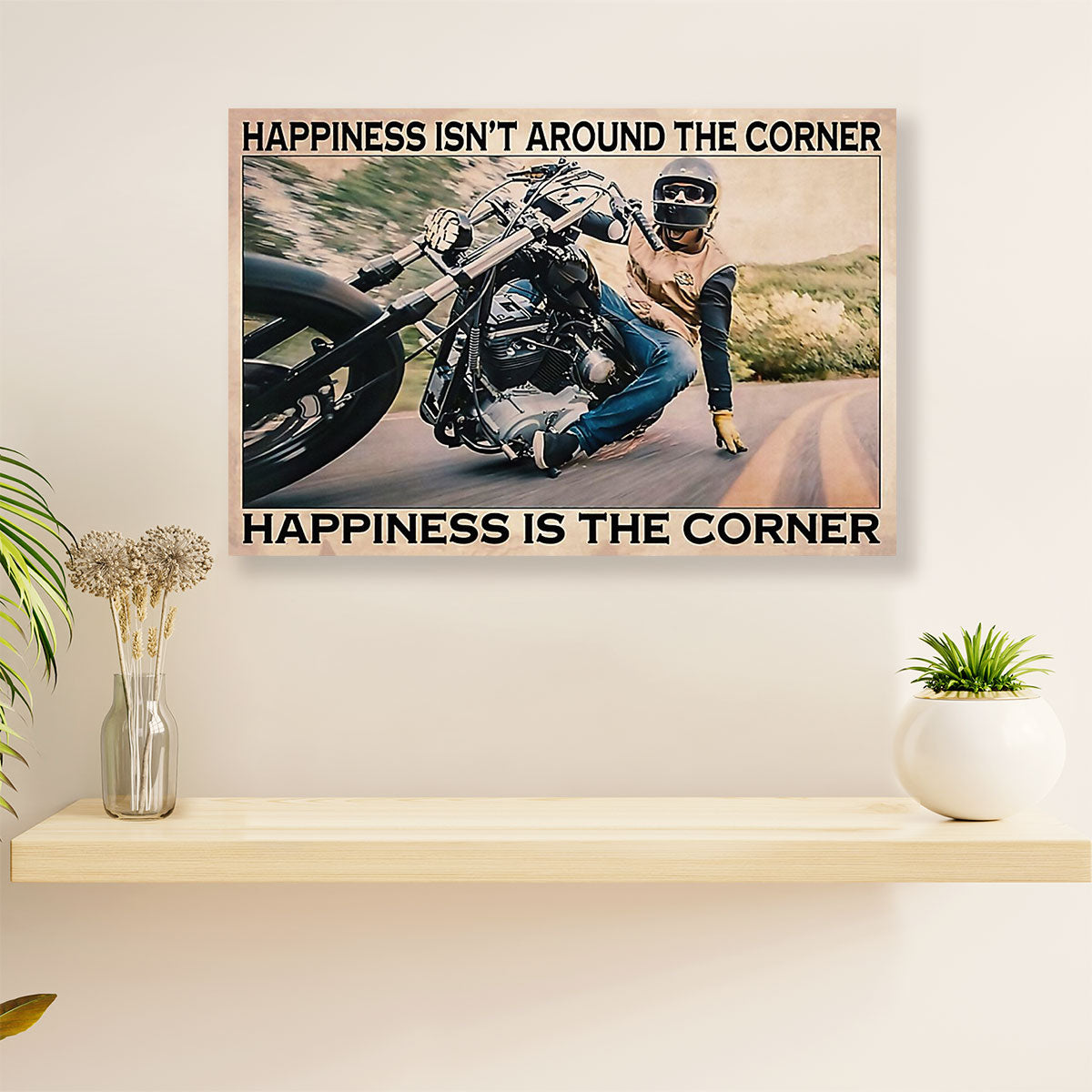 Metal Motorcycle Poster Wall Art Prints | Happiness Is The Corner | Home Decor Gift for Biker