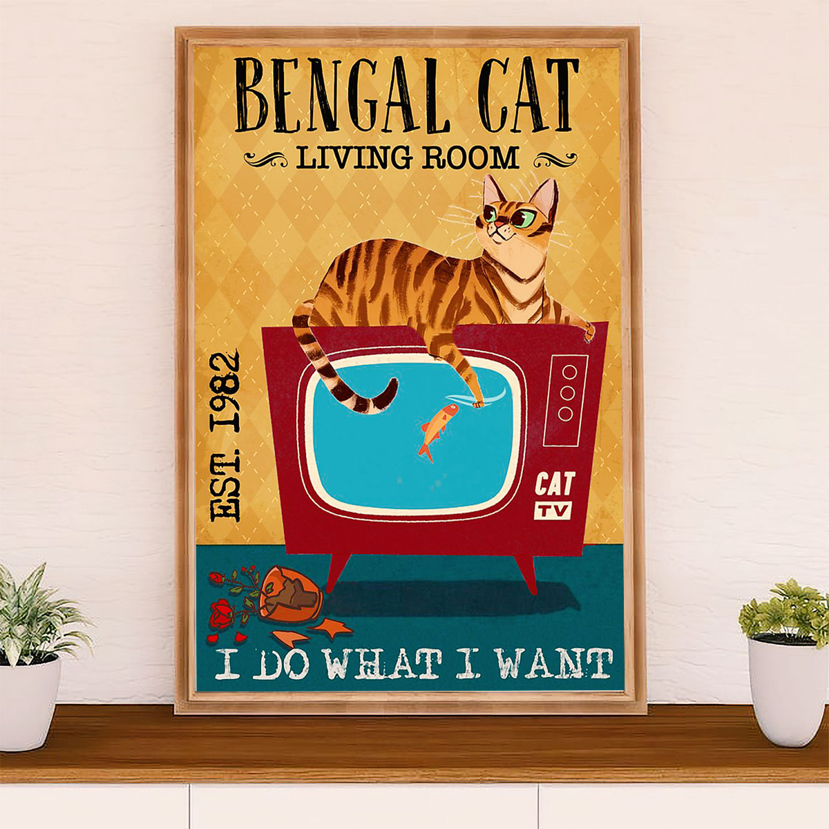 Funny Cute Cat Poster Wall Art Prints | Bengal Cat in Living Room | Home Decor Gift for Cat Lover