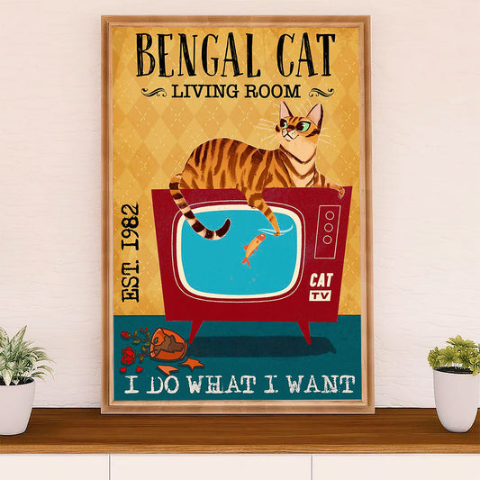 Funny Cute Cat Poster Wall Art Prints | Bengal Cat in Living Room | Home Decor Gift for Cat Lover