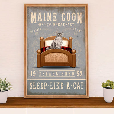 Funny Cute Cat Poster Wall Art Prints | Maine Coon in Bed | Home Decor Gift for Cat Lover