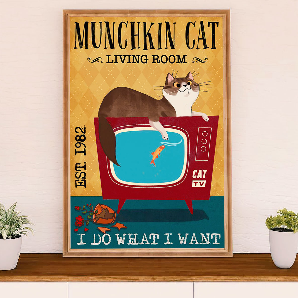 Funny Cute Cat Poster Wall Art Prints | Munchkin Cat in Living Room | Home Decor Gift for Cat Lover