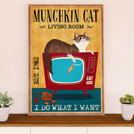 Funny Cute Cat Poster Wall Art Prints | Munchkin Cat in Living Room | Home Decor Gift for Cat Lover
