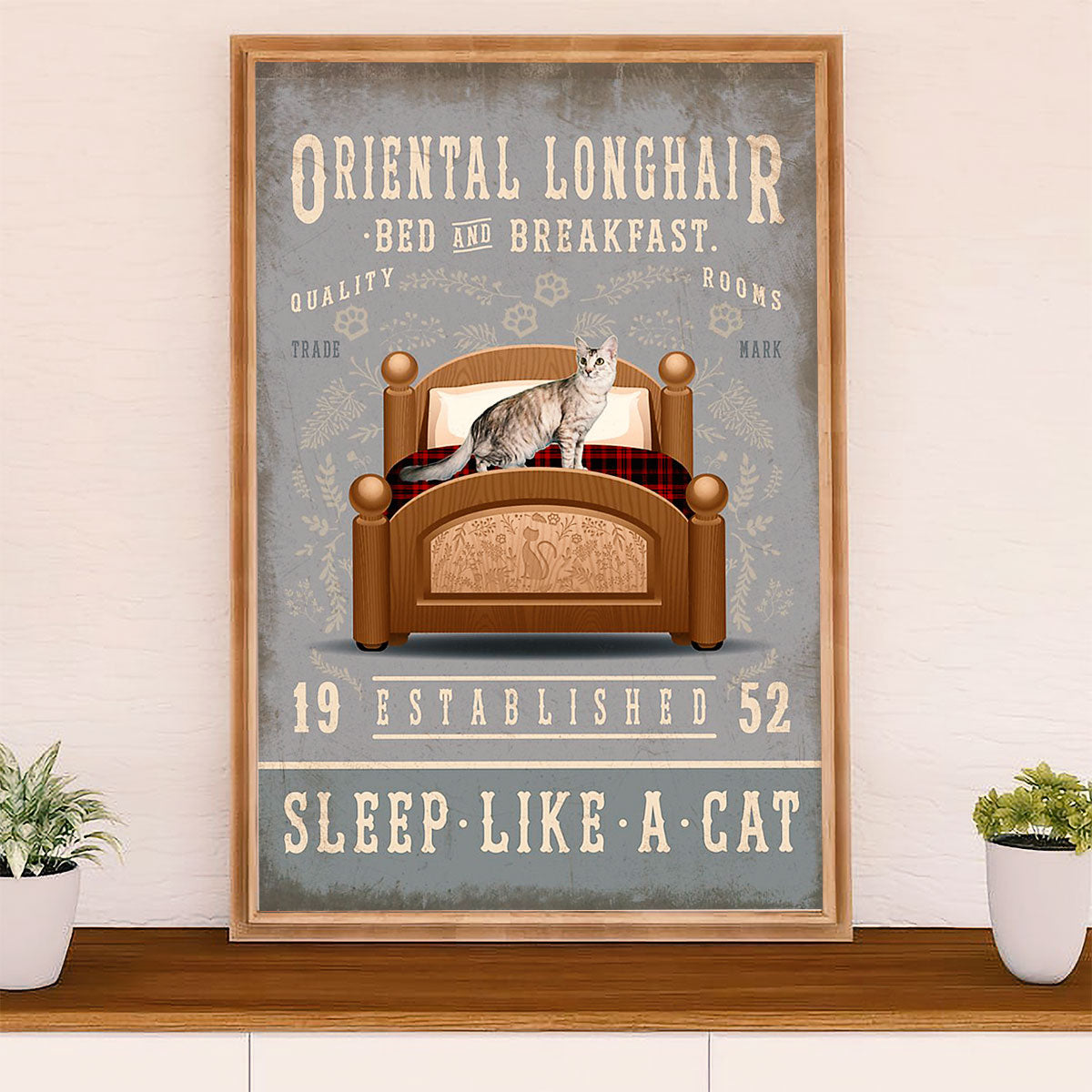 Funny Cute Cat Poster Wall Art Prints | Oriental Longhair in Bed | Home Decor Gift for Cat Lover