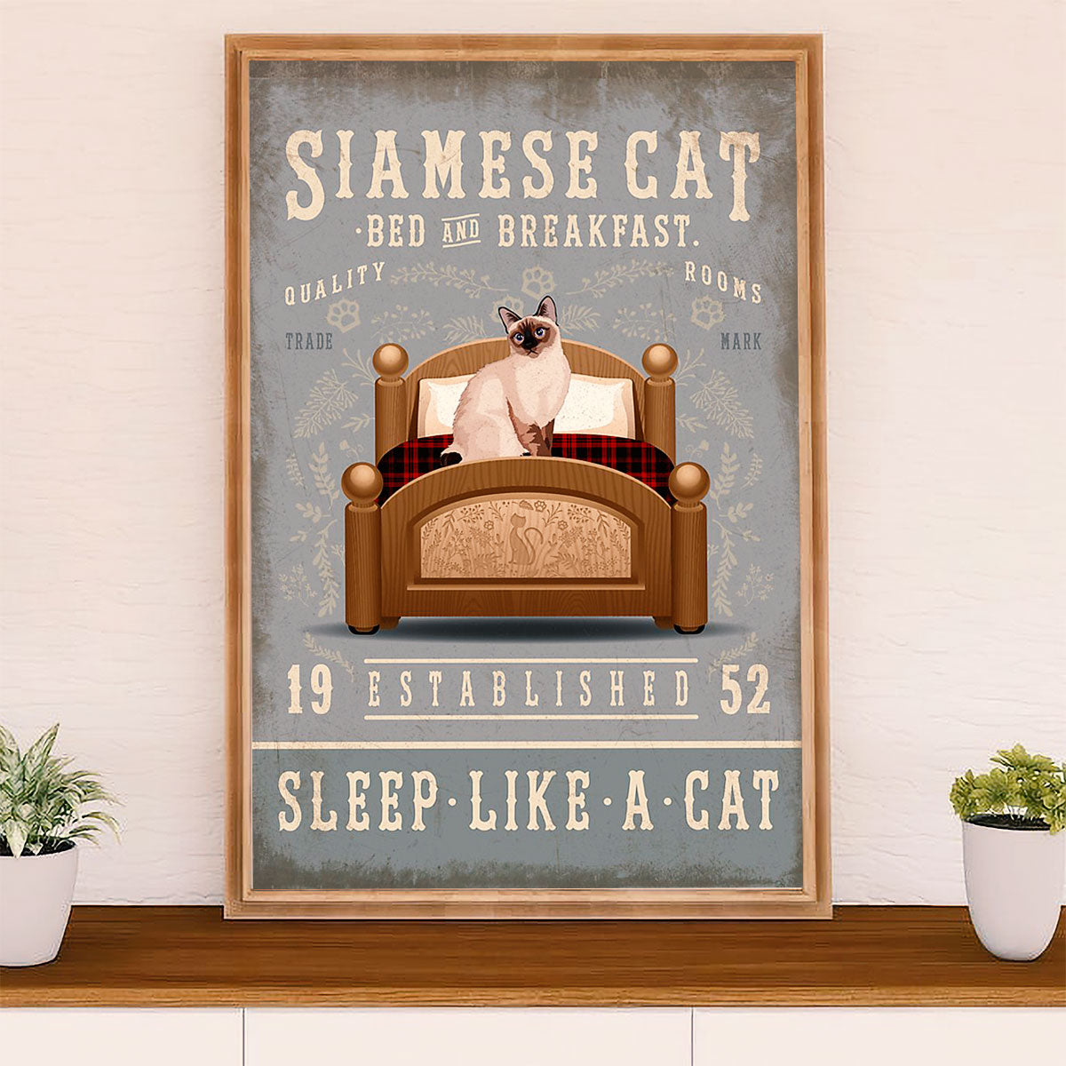 Funny Cute Cat Poster Wall Art Prints | Siamesse Cat in Bed | Home Decor Gift for Cat Lover