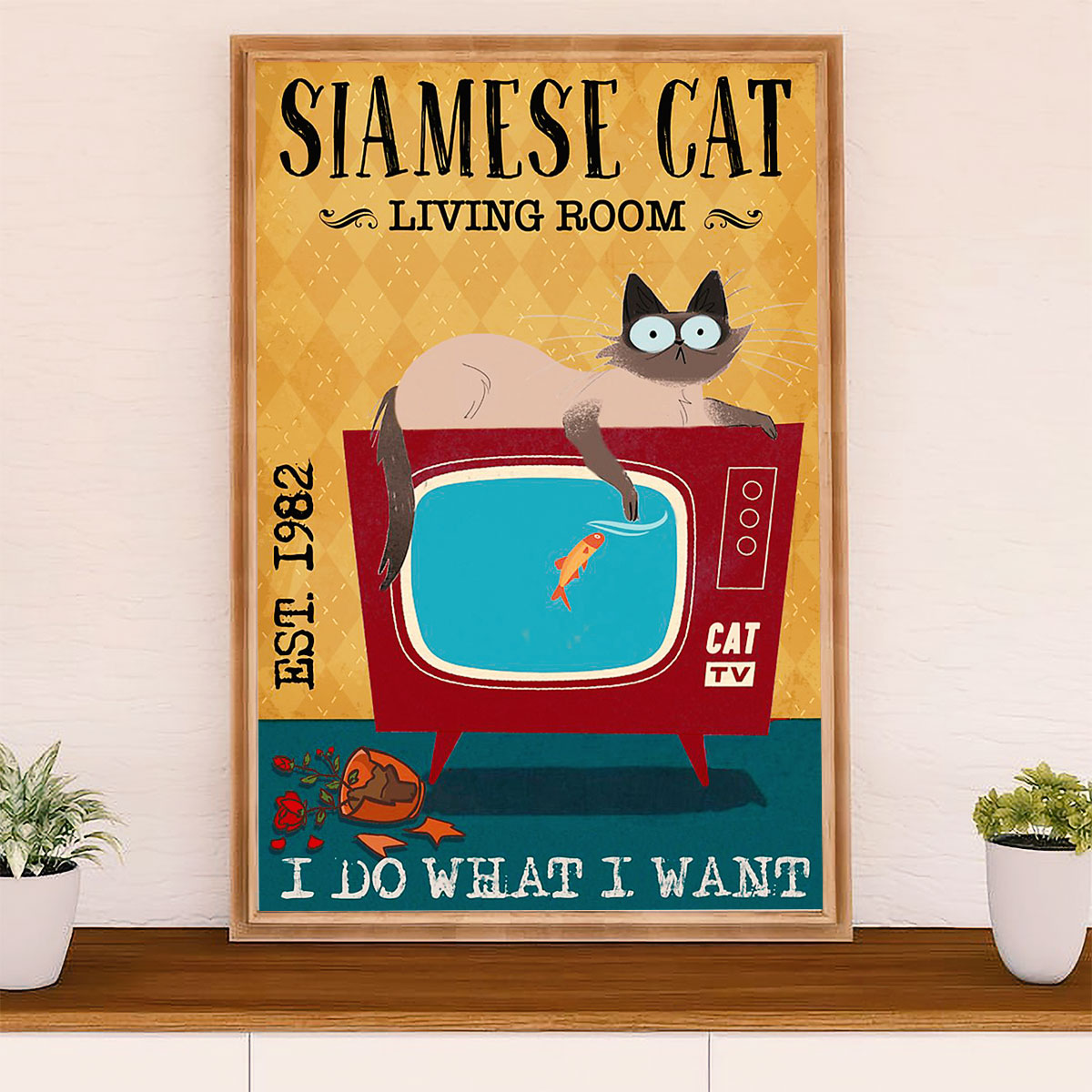 Funny Cute Cat Poster Wall Art Prints | Siamese Cat in Living Room | Home Decor Gift for Cat Lover