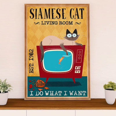 Funny Cute Cat Poster Wall Art Prints | Siamese Cat in Living Room | Home Decor Gift for Cat Lover