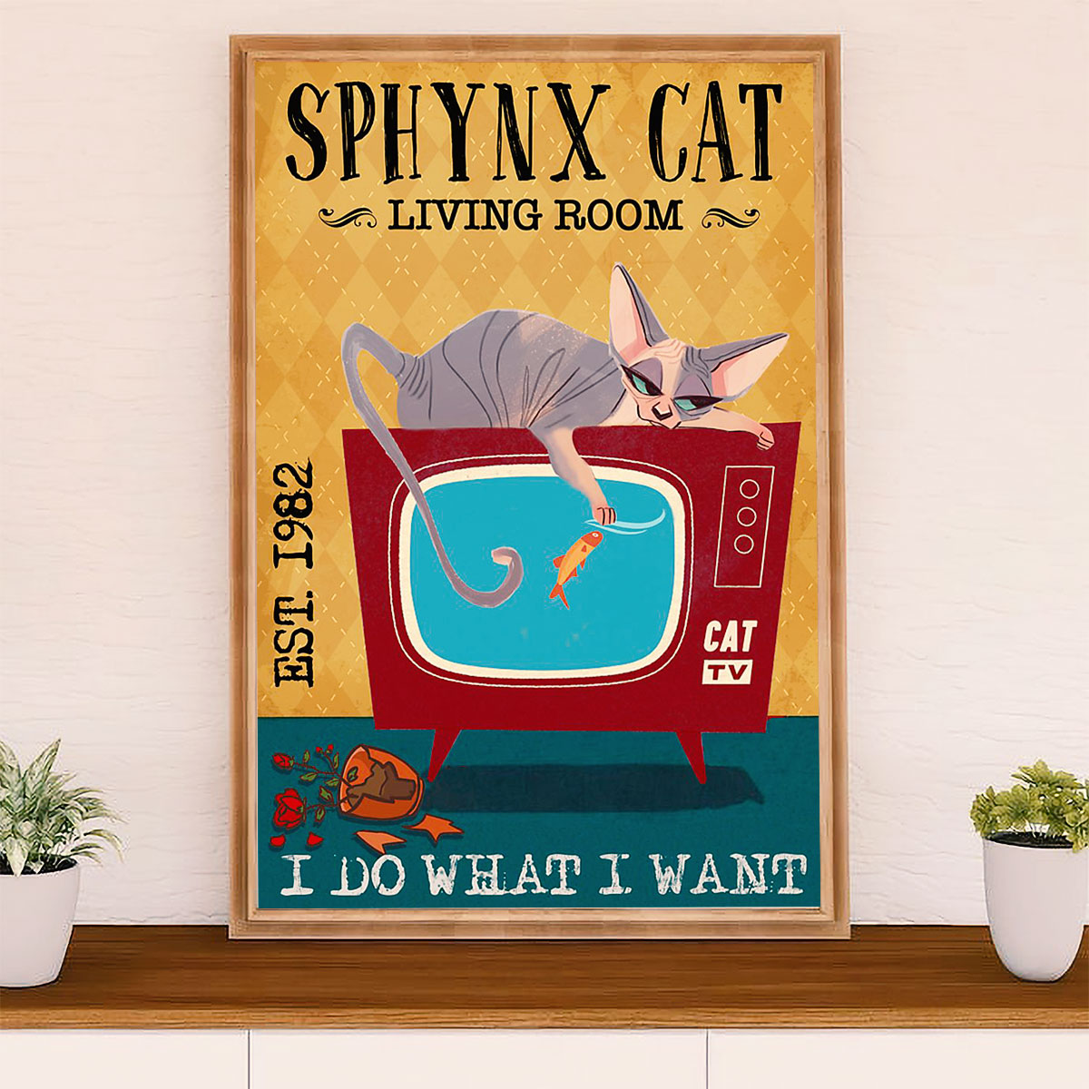Funny Cute Cat Poster Wall Art Prints | Sphynx Cat in Living Room | Home Decor Gift for Cat Lover