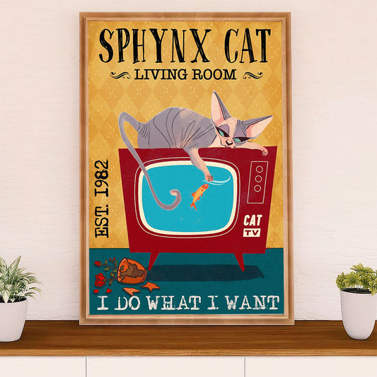 Funny Cute Cat Poster Wall Art Prints | Sphynx Cat in Living Room | Home Decor Gift for Cat Lover