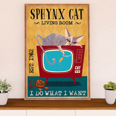 Funny Cute Cat Poster Wall Art Prints | Sphynx Cat in Living Room | Home Decor Gift for Cat Lover