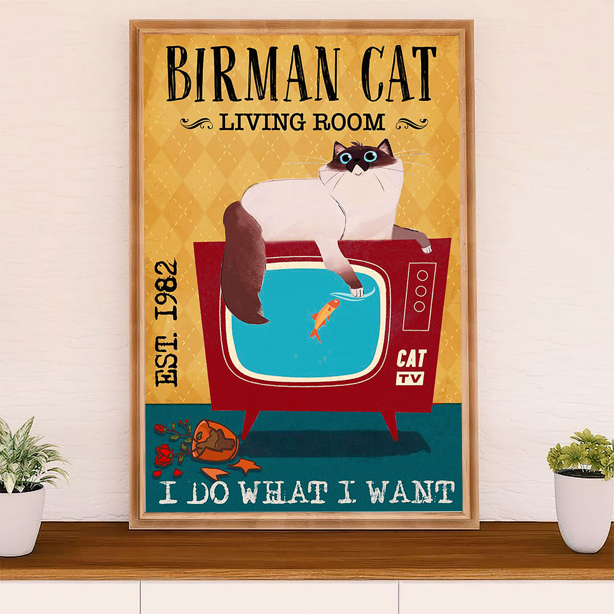 Funny Cute Cat Canvas Wall Art Prints | Birman Cat in Living Room | Home Decor Gift for Cat Lover