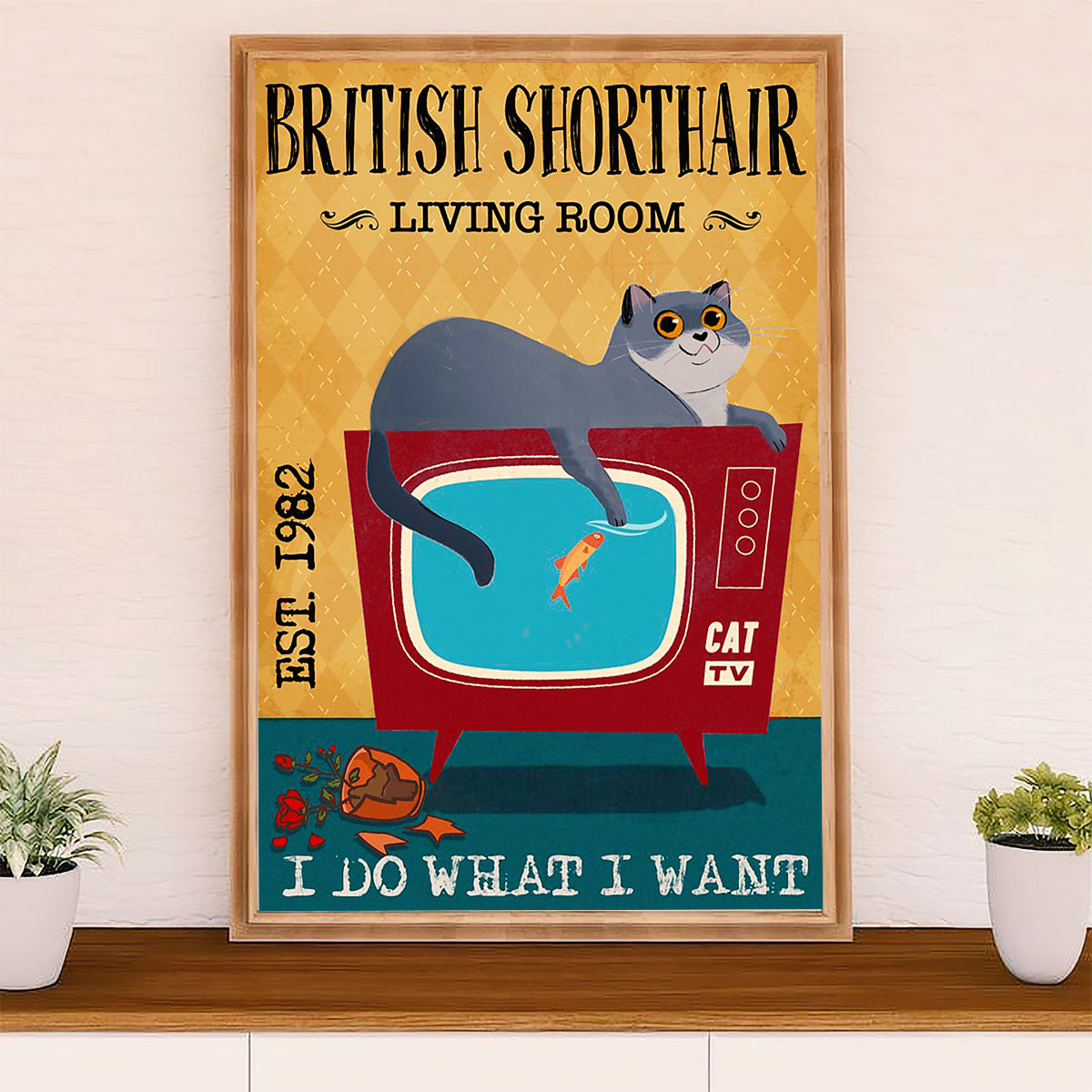 Funny Cute Cat Poster Wall Art Prints | British Shorthair in Living Room | Home Decor Gift for Cat Lover