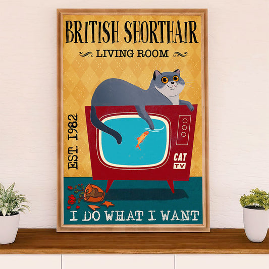 Funny Cute Cat Poster Wall Art Prints | British Shorthair in Living Room | Home Decor Gift for Cat Lover
