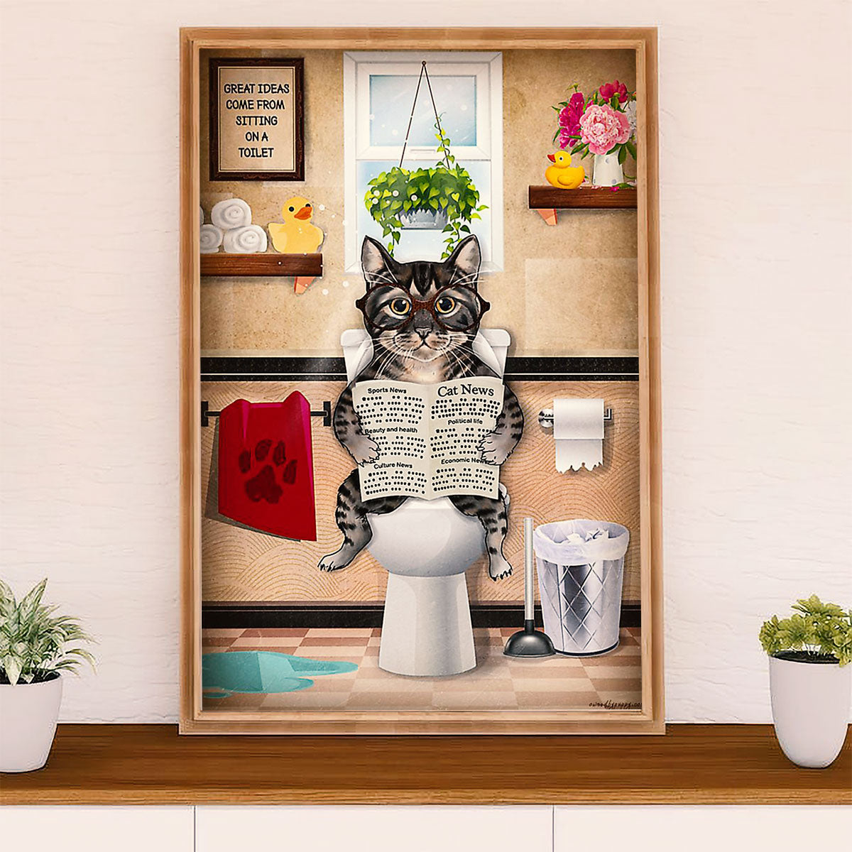 Funny Cute Cat Poster Wall Art Prints | Cat in Toilet | Home Decor Gift for Cat Lover