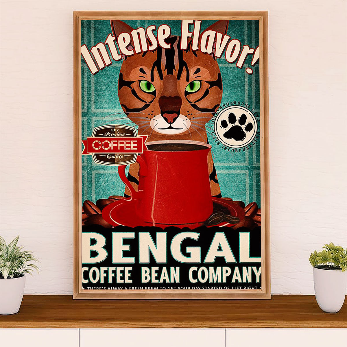 Funny Cute Cat Poster Wall Art Prints | Bengal Coffee Bean | Home Decor Gift for Cat Lover