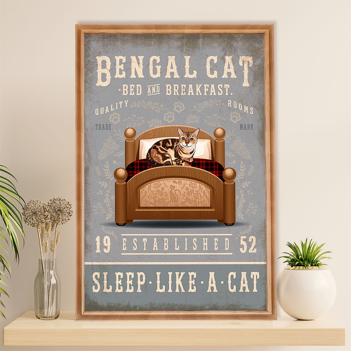 Funny Cute Cat Poster Wall Art Prints | Bengal Cat in Bed | Home Decor Gift for Cat Lover