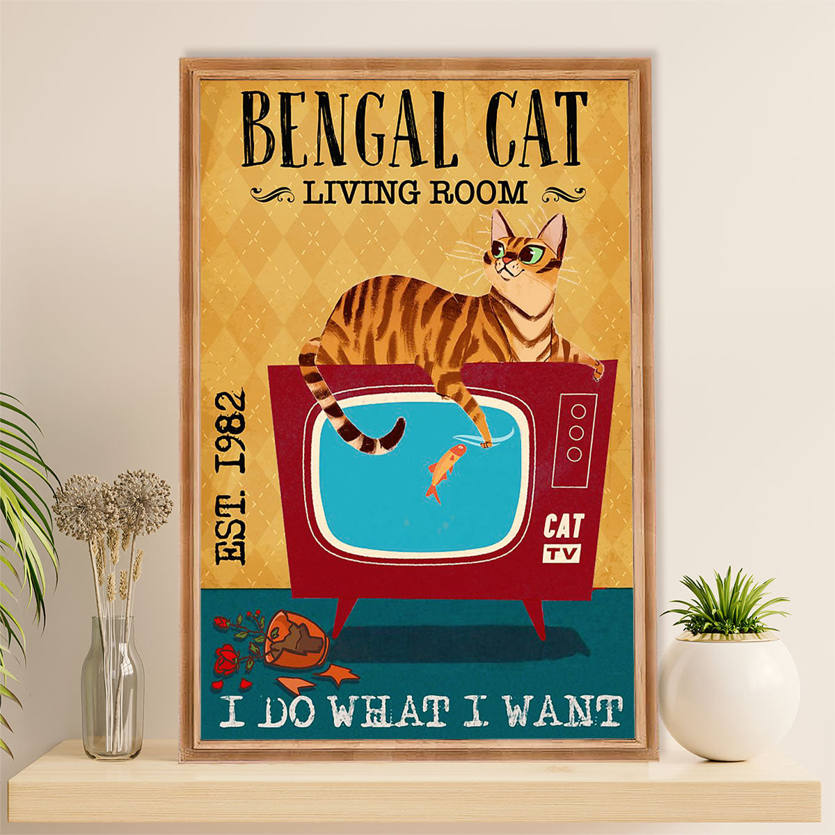 Funny Cute Cat Poster Wall Art Prints | Bengal Cat in Living Room | Home Decor Gift for Cat Lover