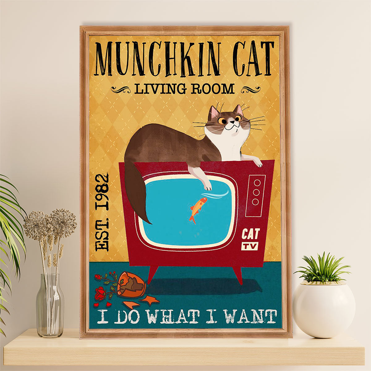 Funny Cute Cat Poster Wall Art Prints | Munchkin Cat in Living Room | Home Decor Gift for Cat Lover