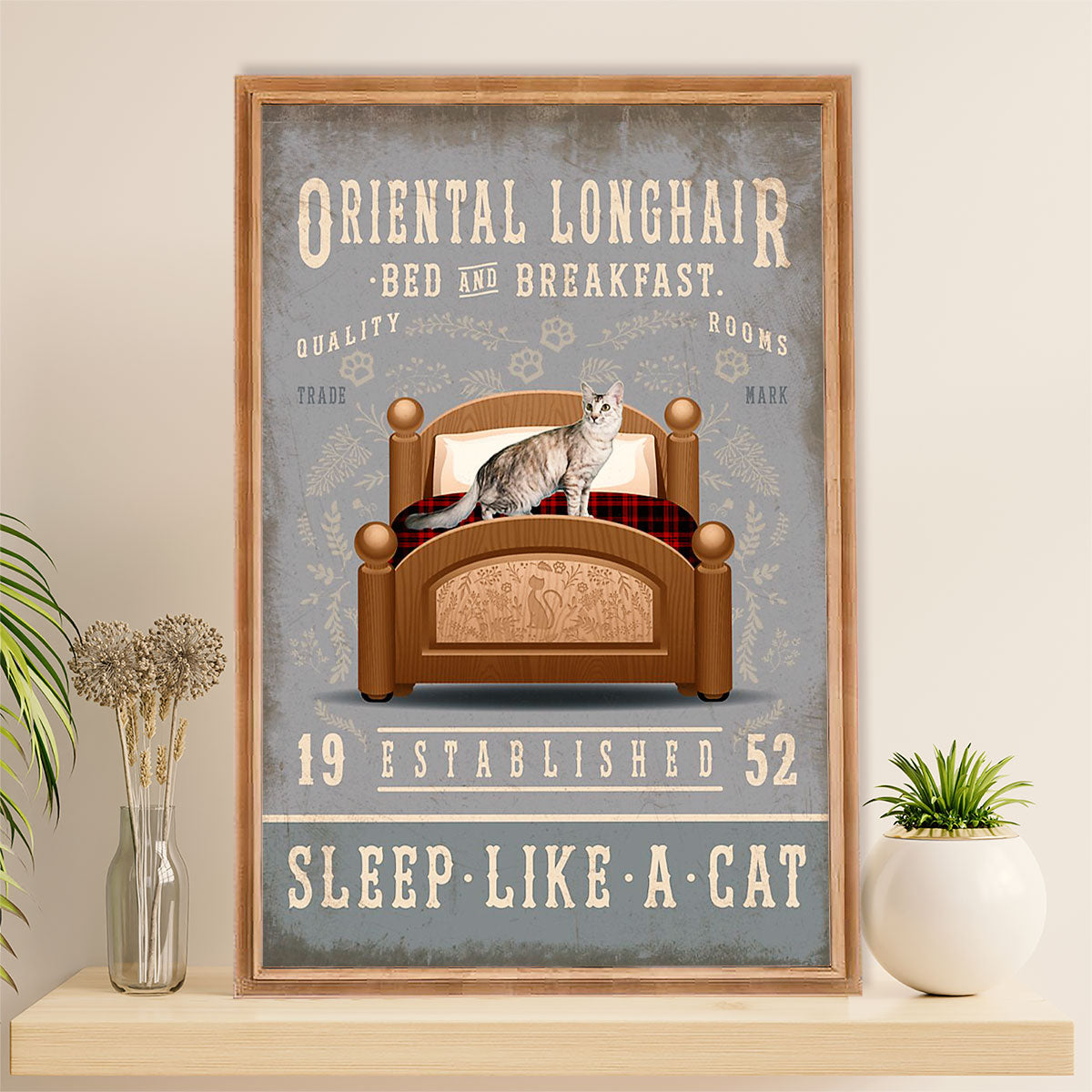 Funny Cute Cat Poster Wall Art Prints | Oriental Longhair in Bed | Home Decor Gift for Cat Lover
