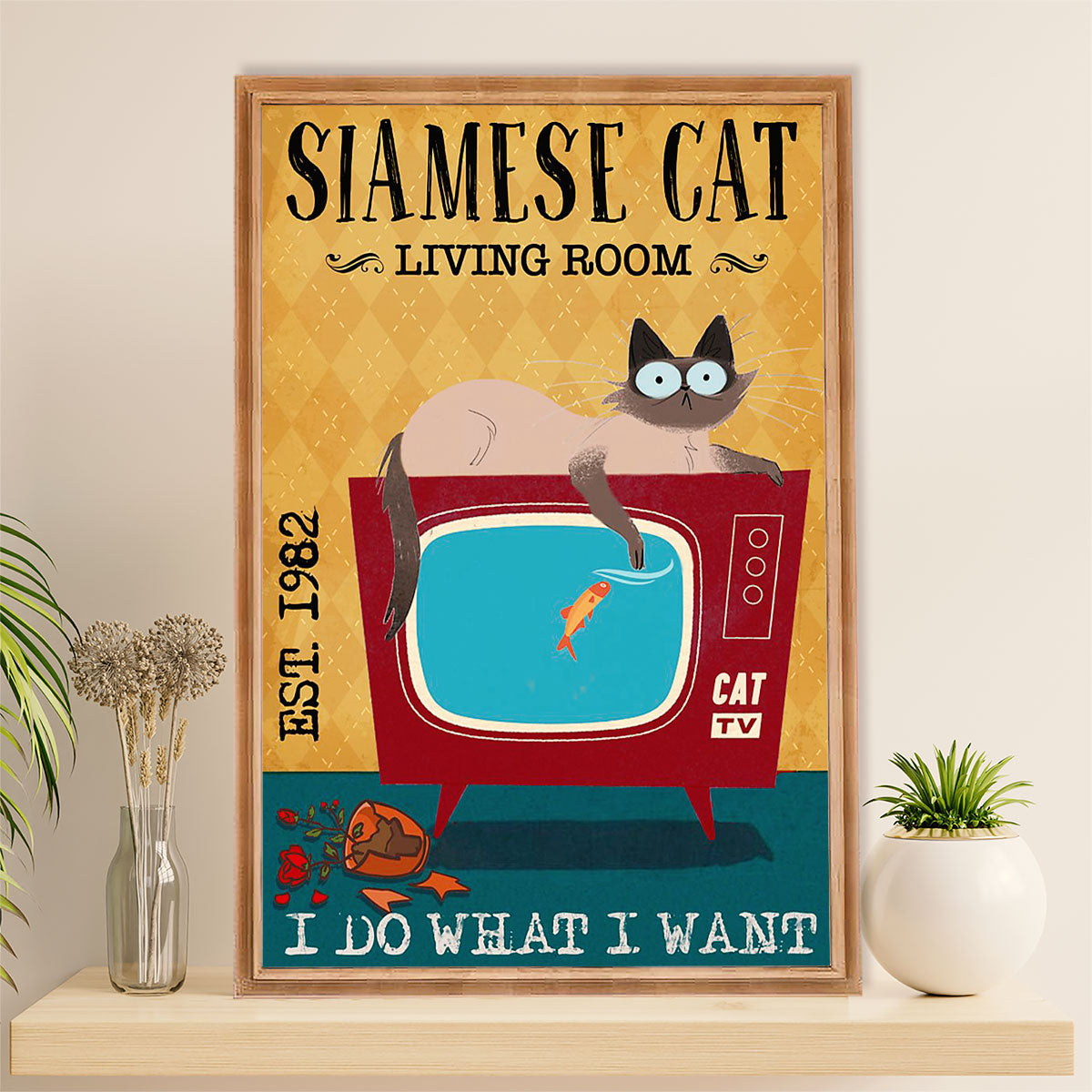 Funny Cute Cat Poster Wall Art Prints | Siamese Cat in Living Room | Home Decor Gift for Cat Lover