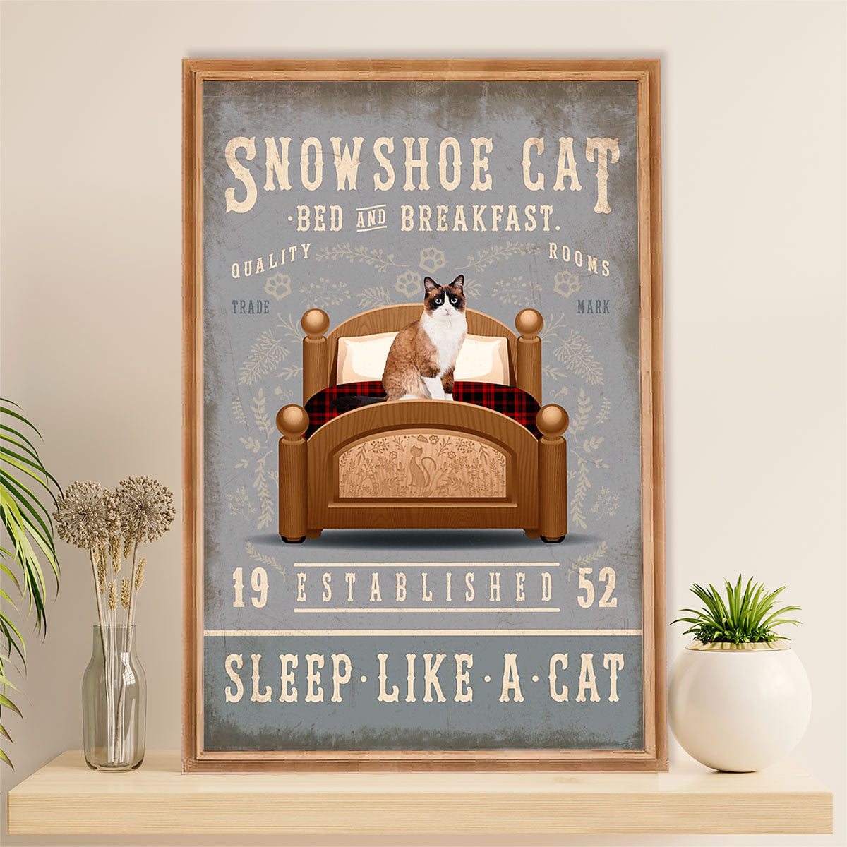 Funny Cute Cat Poster Wall Art Prints | Snowshoe Cat in Bed | Home Decor Gift for Cat Lover