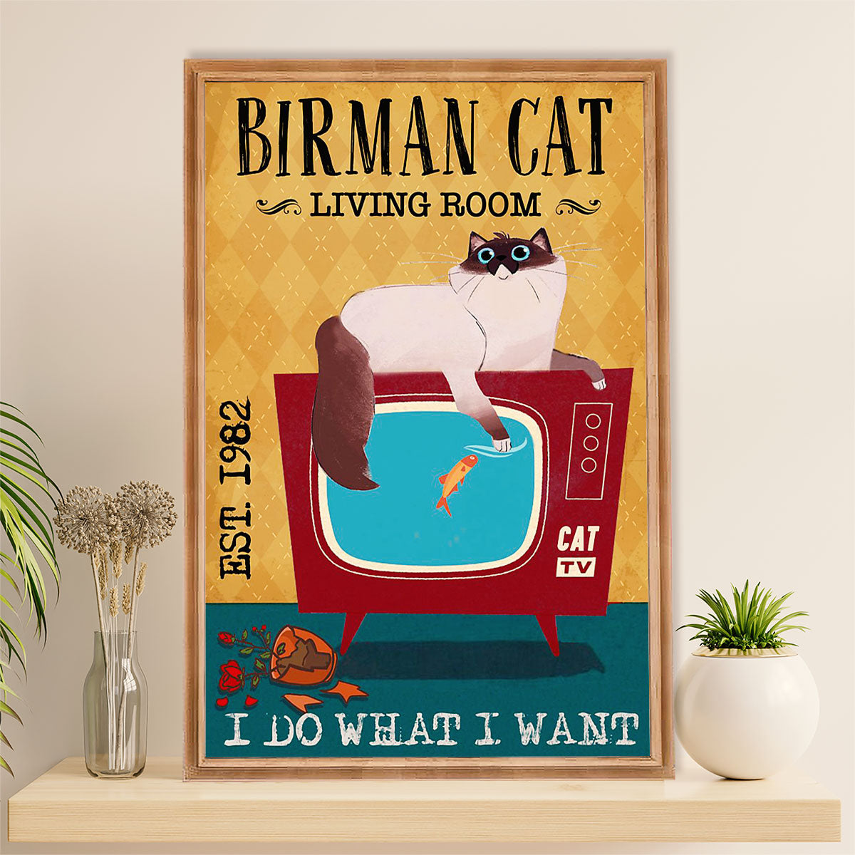 Funny Cute Cat Poster Wall Art Prints | Birman Cat in Living Room | Home Decor Gift for Cat Lover