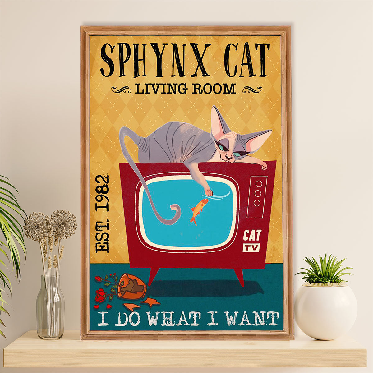 Funny Cute Cat Poster Wall Art Prints | Sphynx Cat in Living Room | Home Decor Gift for Cat Lover