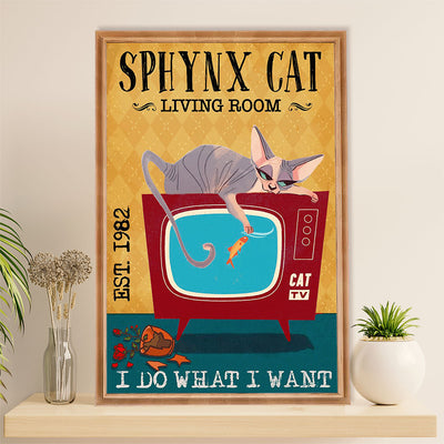Funny Cute Cat Poster Wall Art Prints | Sphynx Cat in Living Room | Home Decor Gift for Cat Lover