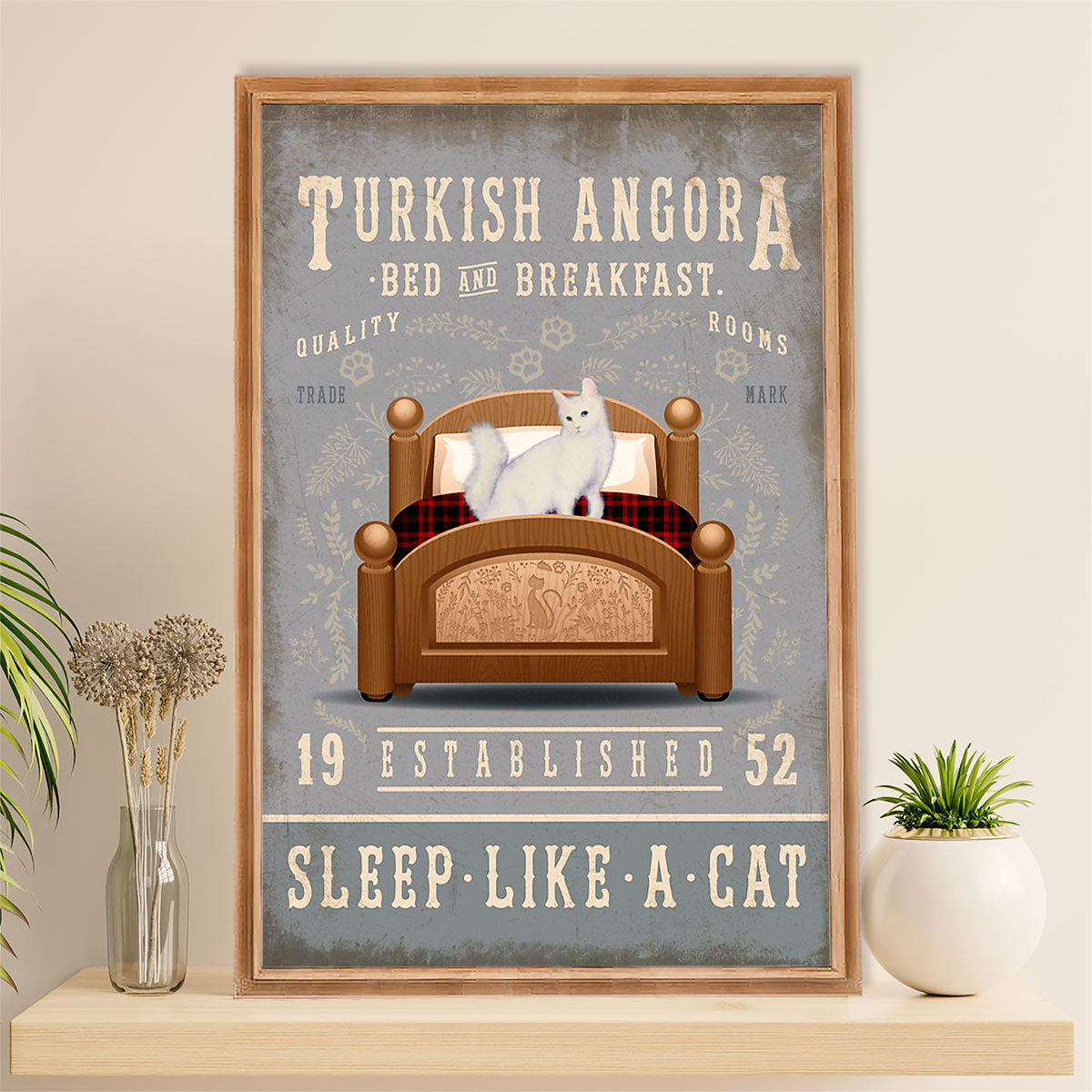 Funny Cute Cat Poster Wall Art Prints | Turkish Angora in Bed | Home Decor Gift for Cat Lover