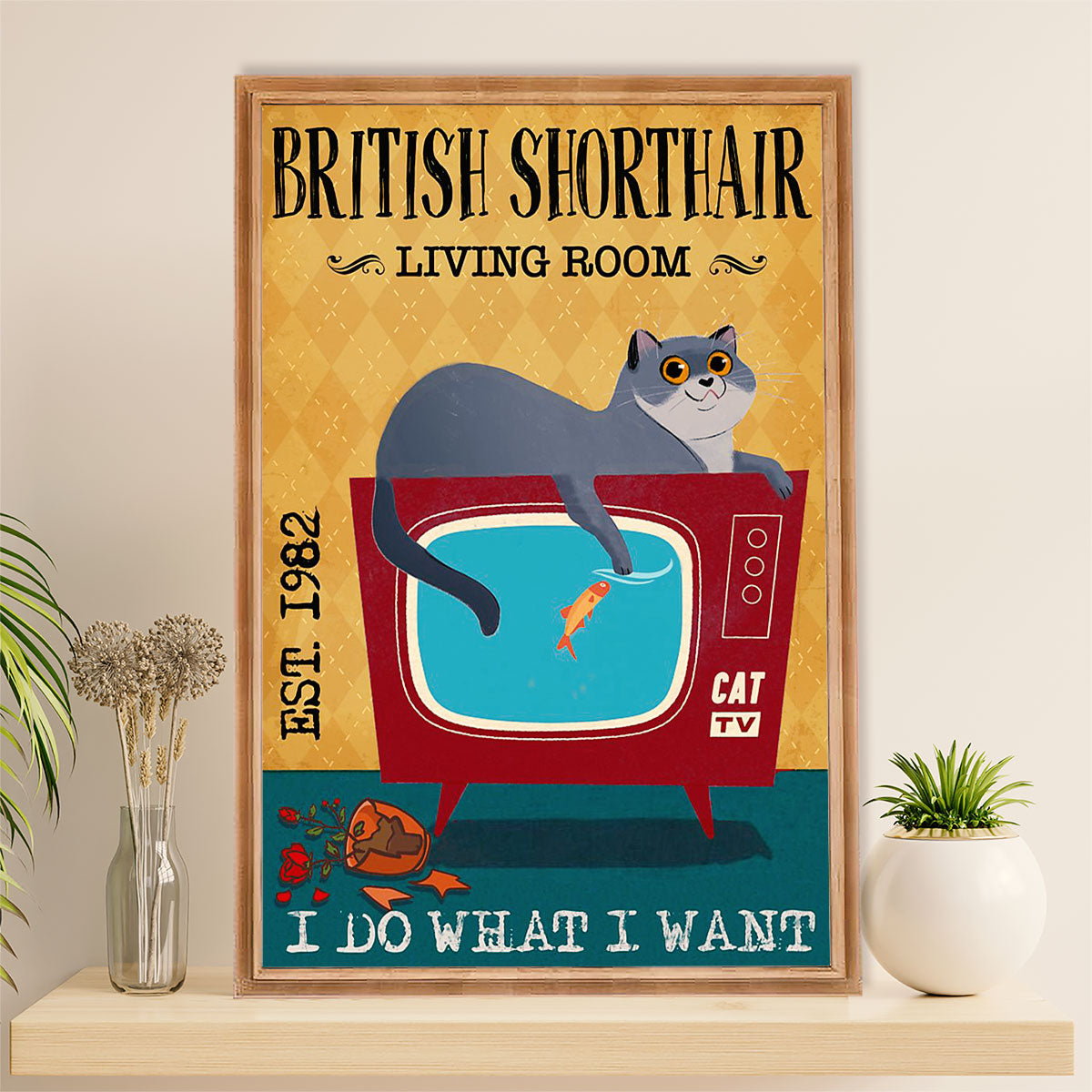 Funny Cute Cat Poster Wall Art Prints | British Shorthair in Living Room | Home Decor Gift for Cat Lover