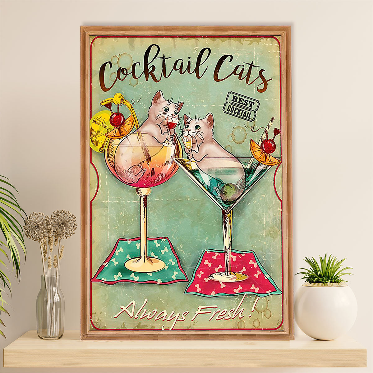 Funny Cute Cat Poster Wall Art Prints | Cocktail Cats | Home Decor Gift for Cat Lover