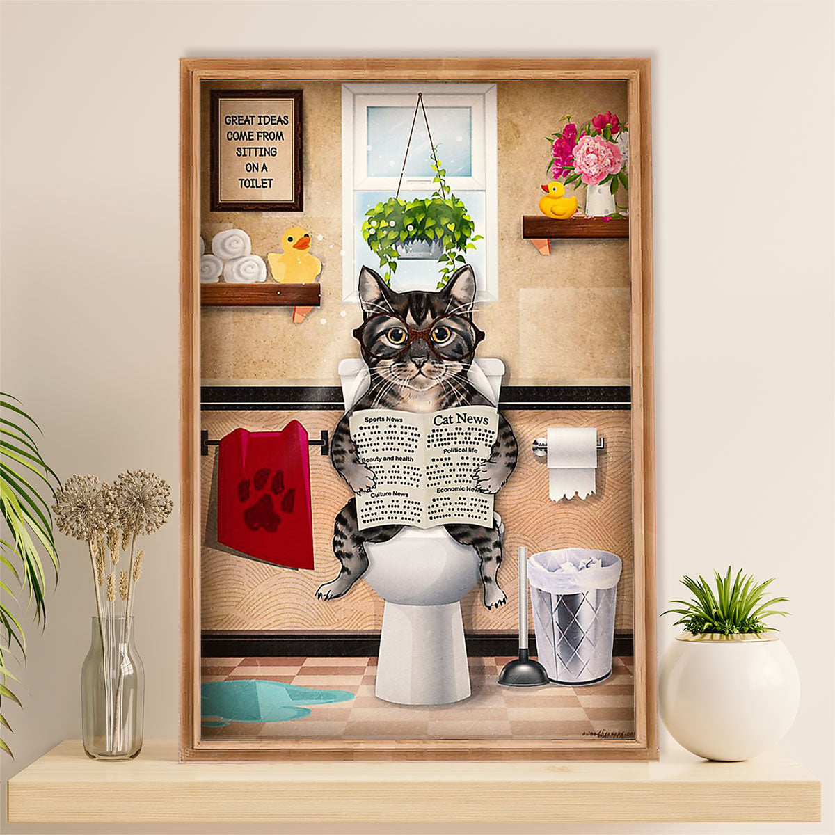 Funny Cute Cat Poster Wall Art Prints | Cat in Toilet | Home Decor Gift for Cat Lover