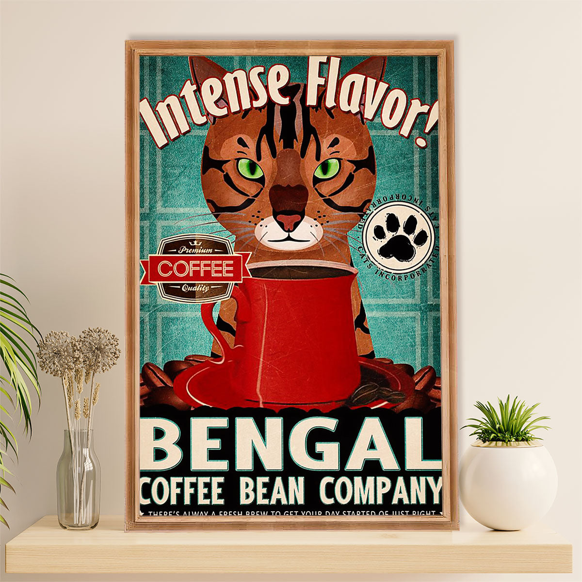 Funny Cute Cat Poster Wall Art Prints | Bengal Coffee Bean | Home Decor Gift for Cat Lover