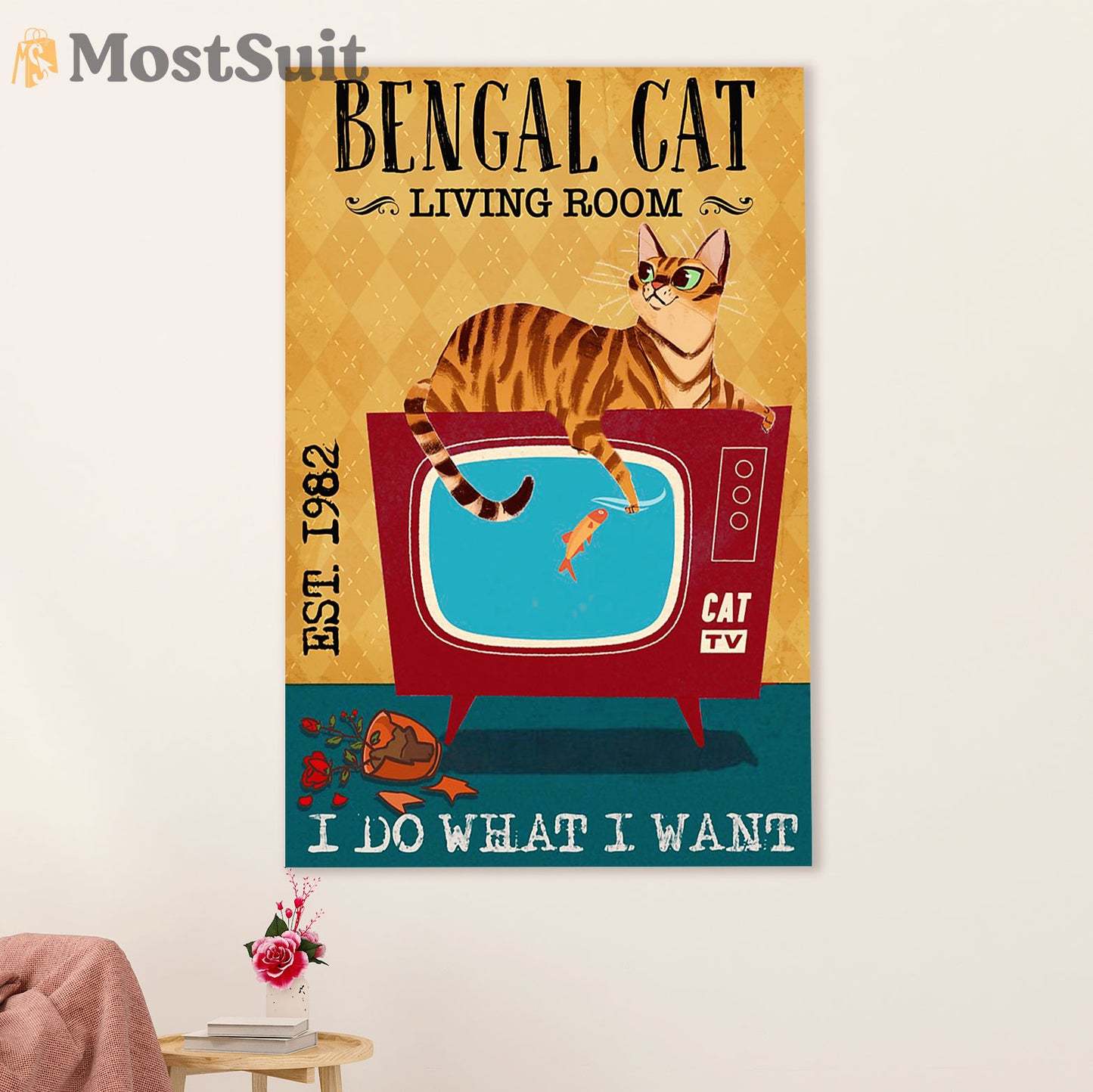 Funny Cute Cat Poster Wall Art Prints | Bengal Cat in Living Room | Home Decor Gift for Cat Lover